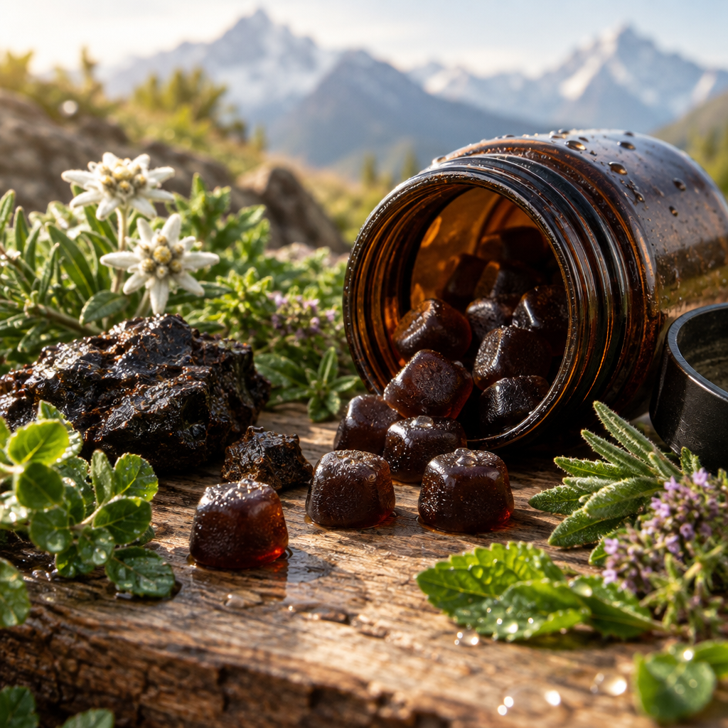 Close-up of Shilajit gummies with mountain herbs and morning dew