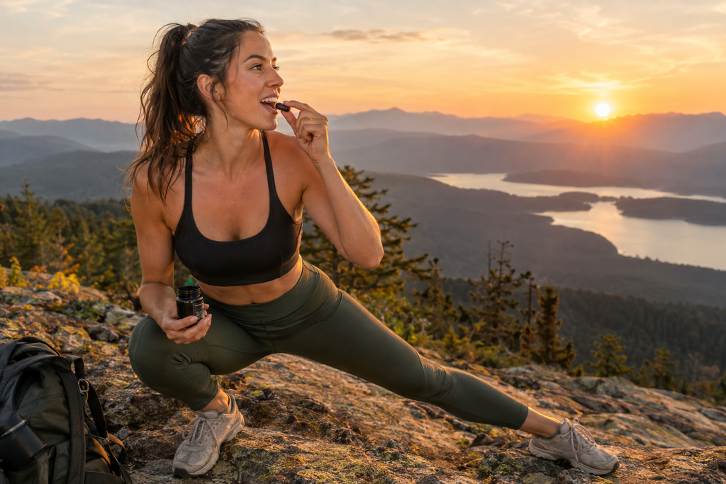 Woman taking a Shilajit gummy at sunrise on a mountain overlook