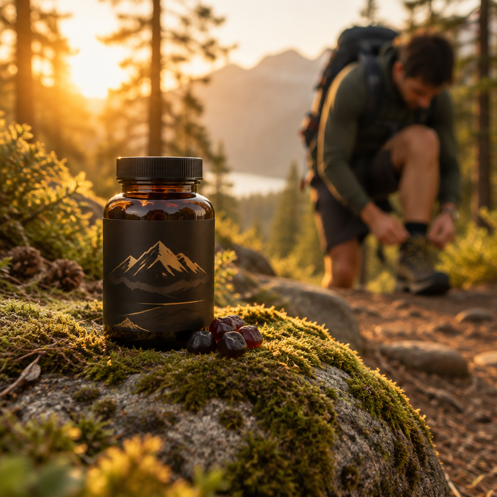 Shilajit gummies on a mossy rock during a golden-hour hike